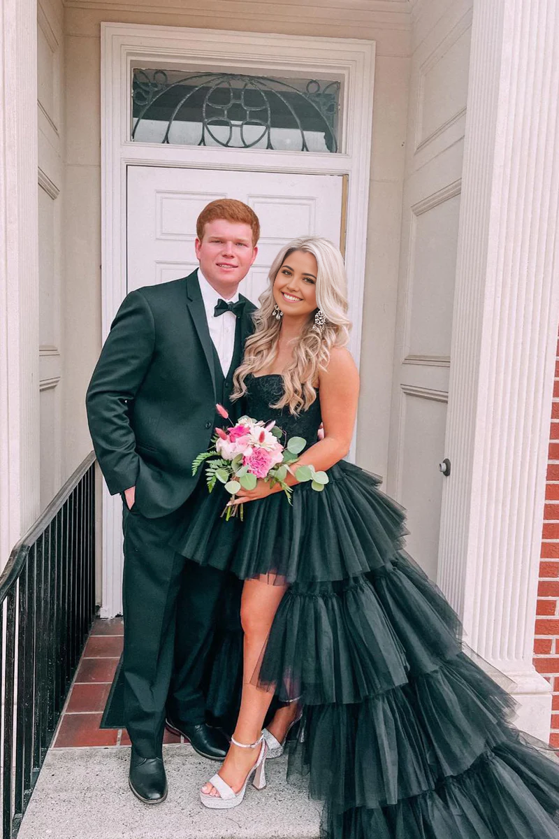 A-line Cute Hight-Low Sweetheart Black Tulle Long Prom Dresses with Lace